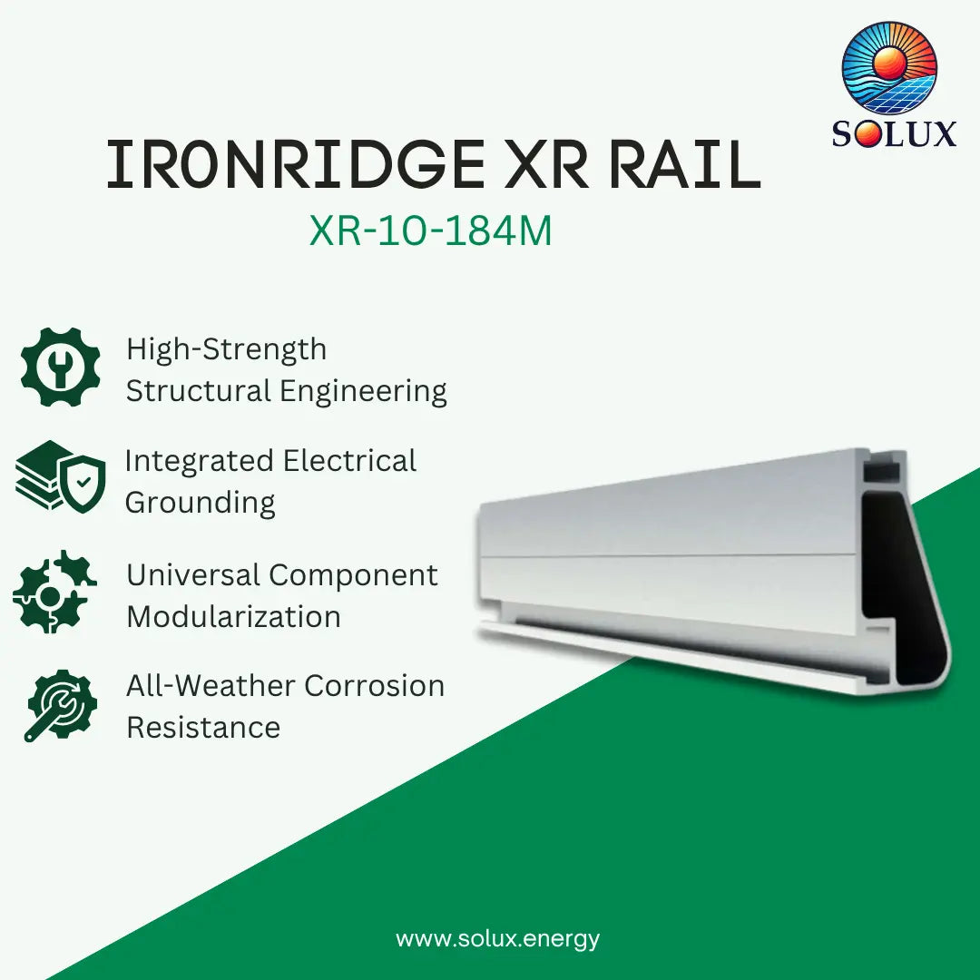 Promotional graphic for the Solux Ironridge XR Rail, model XR-10-184M. The image features a silver metallic rail profile on a white and green background with text highlighting its high-strength structural engineering, integrated electrical grounding, universal component modularity, and all-weather corrosion resistance.
